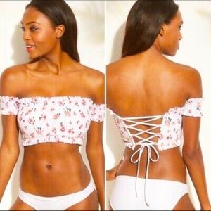 New White Floral Smock Sleeve Bikini Top | Size: M